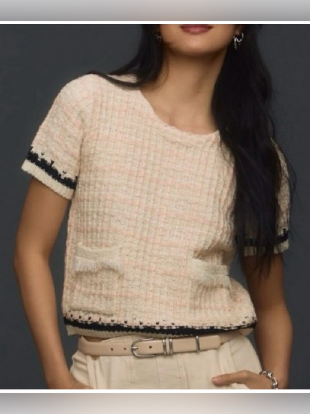 Anthropologie Cream Short-Sleeve Knit Top with Black Trim